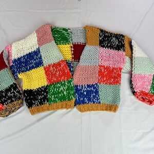 Retro Contrasting Mora Rainbow Grid Heavy Womens Versatile Cardigan Sweater